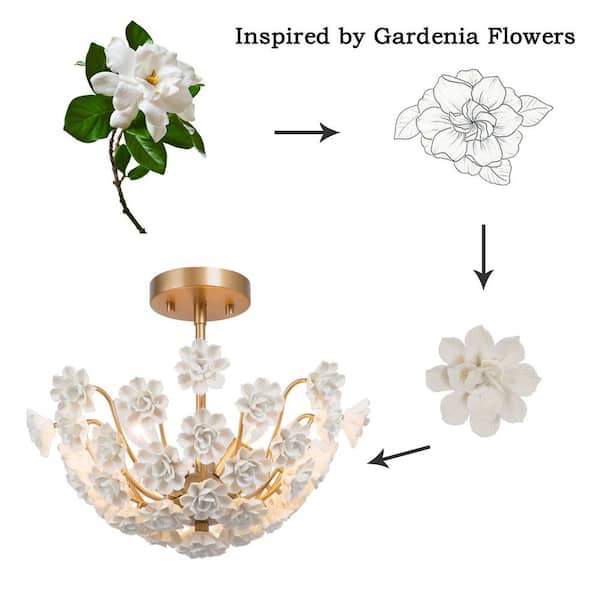 Mid-Century Modern Center Bowl Ceiling Light 3-Light Brass Gold Semi-Flush Mount Light with Handcraft Ceramic Flowers