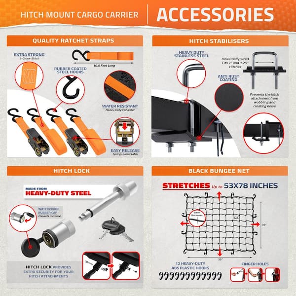 500 lbs. Capacity XL Hitch Mount Cargo Carrier Set w/Folding Shank and 2 in. Raise Includes Cargo Bag Net Straps Locks
