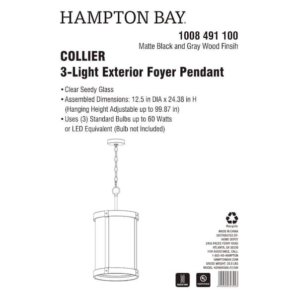 Collier 3-Light Black and Gray Wood Outdoor Hanging Pendant Light with Clear Seeded Glass