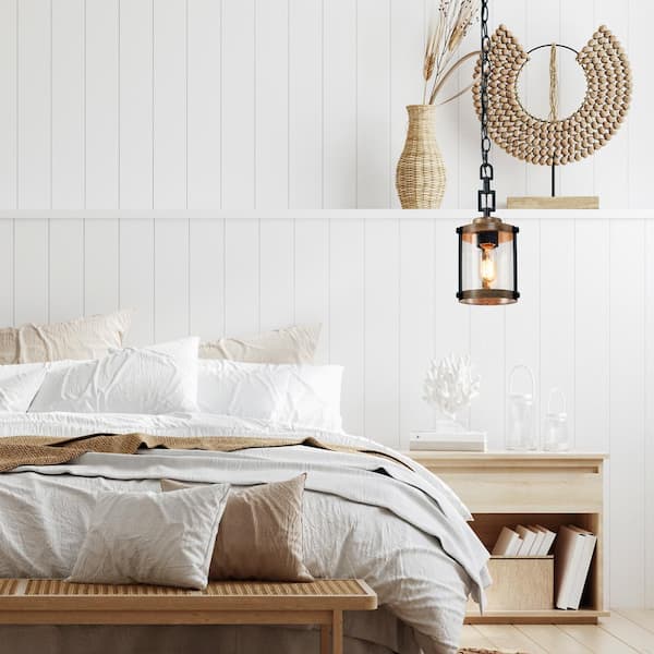 Modern Farmhouse Brown Chandelier 1-Light 6 in. Black Drum Mini Island Pendant Light with Seeded Glass Shades