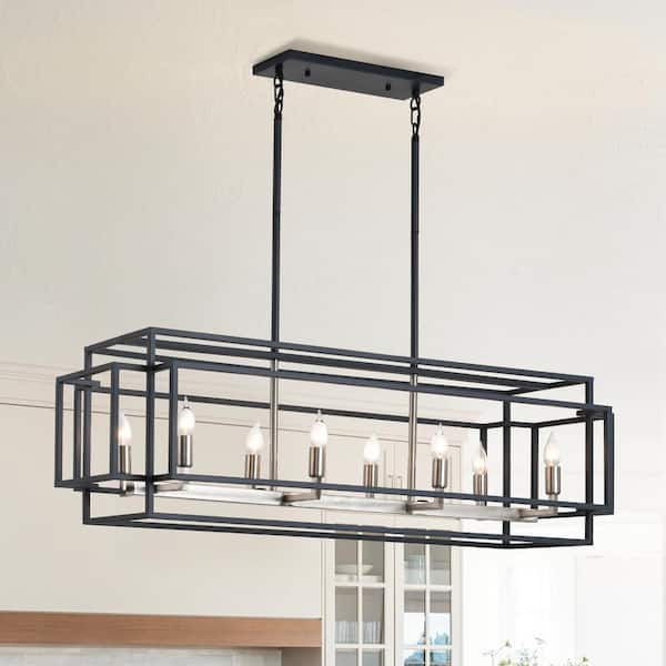 8-Light Kitchen Island Linear Chandelier Black and Nickel Pendant Light Fixture for Dining Room, Living Kitchen Entryway