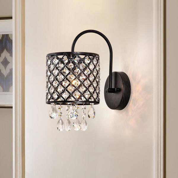 Indianapolis 1-Light Dimmable Black Armed Sconce with Crystal Accents (Set of 2)