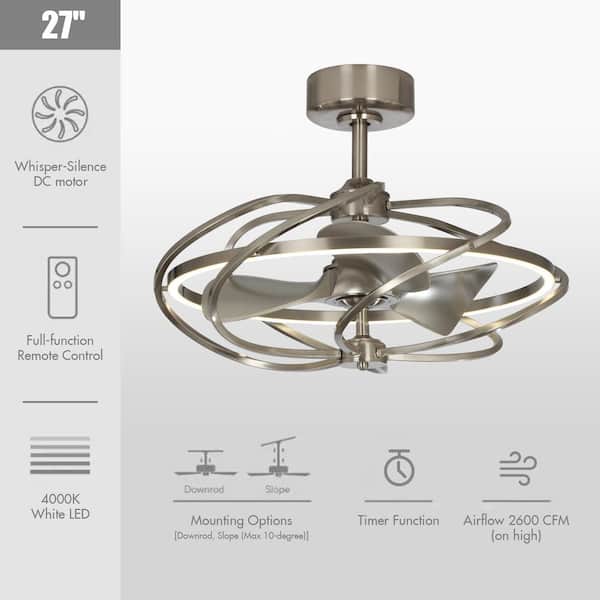 27 in. Bucholz Satin Nickel Downrod Mount LED Chandelier Ceiling Fan with Light and Remote Control