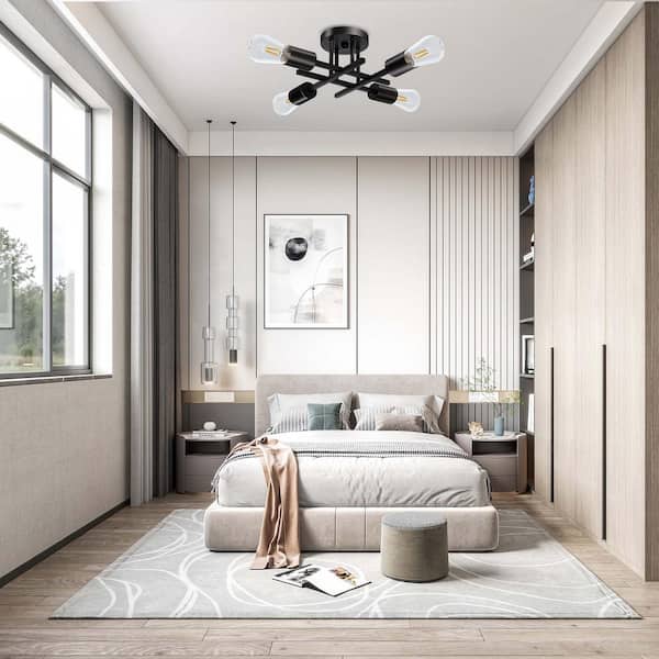 14 in. 4-Light Modern Sputnik Linear Black Metal Semi- Flush Mount Ceiling Lights Fixture Sputnik Chandelier Light