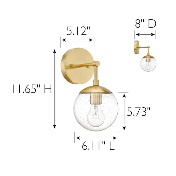 Gracelyn Modern 11.65 in. Satin Gold Indoor Dimmable 1-Light Wall Sconce Light with Clear Seedy Glass Globe Shade