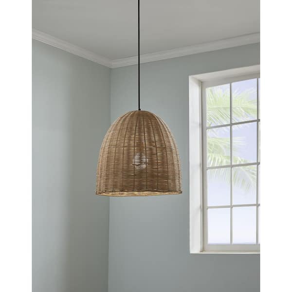 Highler 1-Light Matte Black Island Pendant with Natural Rattan Shade