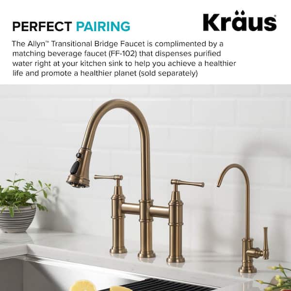 Allyn Double Handle Transitional Bridge Kitchen Faucet with Pull-Down Sprayhead in Brushed Gold