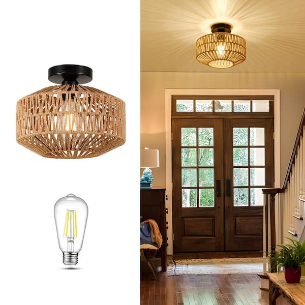 11.8 in. 1-Light Brown Rattan LED Semi-Flush Mount Light with Dimmable LED Bulb
