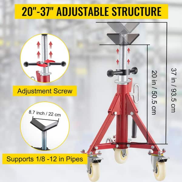 Pipe Jack Stand w/Casters 882 lbs. V Head Pipe Stand Adjustable Height 20 in., 37 in. Folding Pipe Stands 1/8 to 12 in.