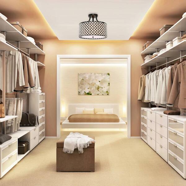 Belle 15 in. 3-Light Glam Antique Black Semi-Flush Mount with Crystal Beaded Drum Shade