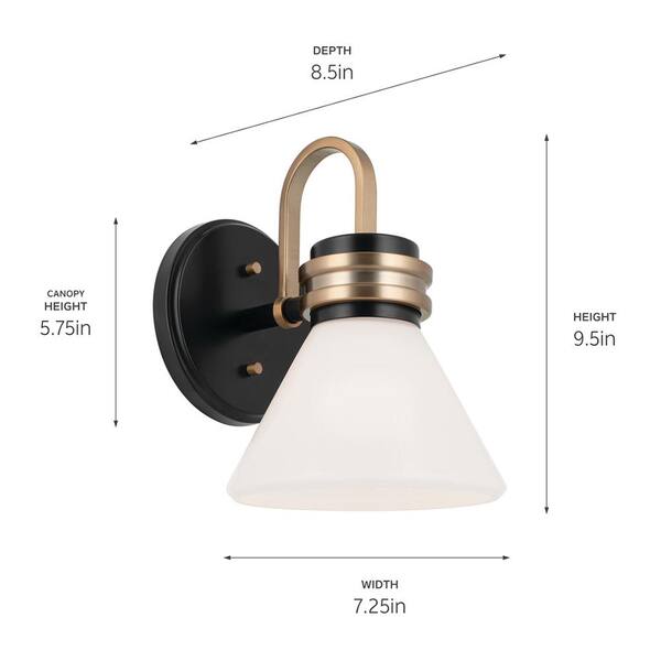 Farum 9.5 in. 1-Light Black with Champagne Bronze Bathroom Wall Sconce Light with Opal Glass Shade