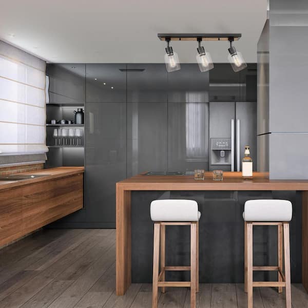 Griffith 25 in. 3-Light Faux Wood and Matte Black Track Lighting with Clear Glass Shades