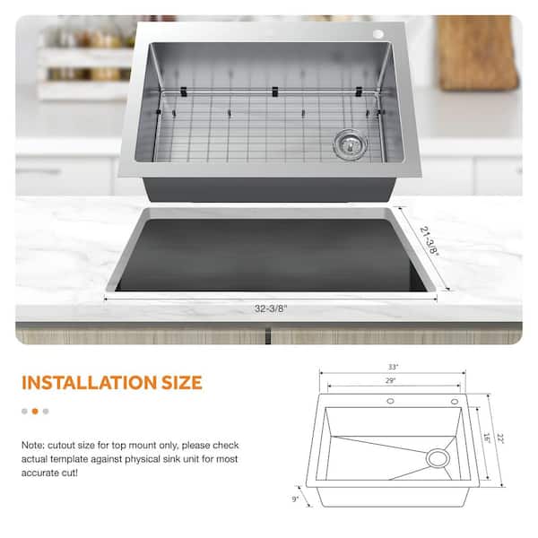 AIO Dolancourt Tight Radius Drop-In/Undermount 18G Stainless Steel 33 in. Single Bowl Kitchen Sink with Pull-Down Faucet