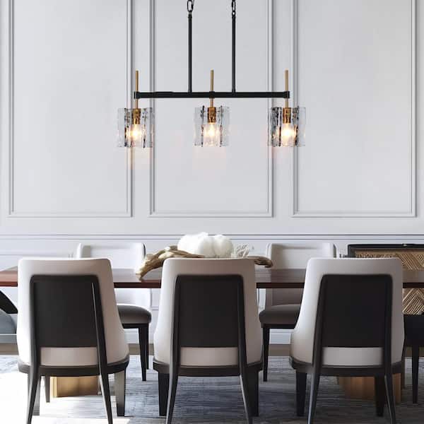 Echonalyri Modern Island 3-Light Glam Matte Black and Plating Brass Chandelier with Geometric Textured Glass Shades