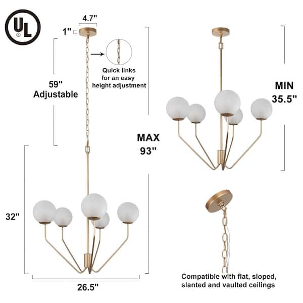 Mid-Century Modern Living Room Chandelier 5-Light Brass Gold Globe Chandelier with Frosted Glass Shades
