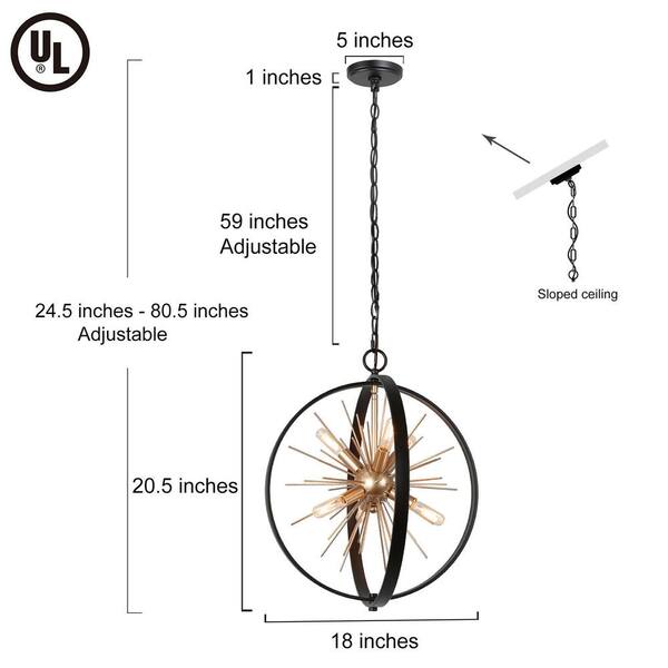 Modern Globe Chandelier Pendant Light Cali 6-Light Black & Brass Round Dining Room Chandelier