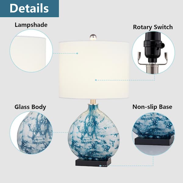 Denver 23 in. Bedside Blue Glass Table Lamp with White Linen Shade