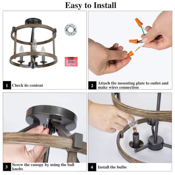 Modern Farmhouse Brown Drum Semi Flush Mount 3-Light Faux Wood Textured Candlestick Bedroom Living Room Ceiling Lighting