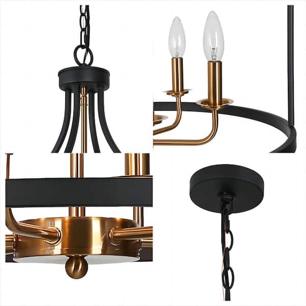 LEPETOS Modern Farmhouse 6-Light Matte Black Chandelier Drum Island Ceiling Light with Brass Candlestick Lamp Holders
