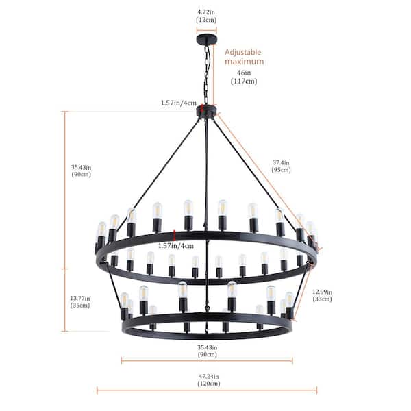 47.2 in. 36-Light Farmhouse Black 2-Tier Wagon Wheel Candle Chandelier Round Industrial Pendant Lighting