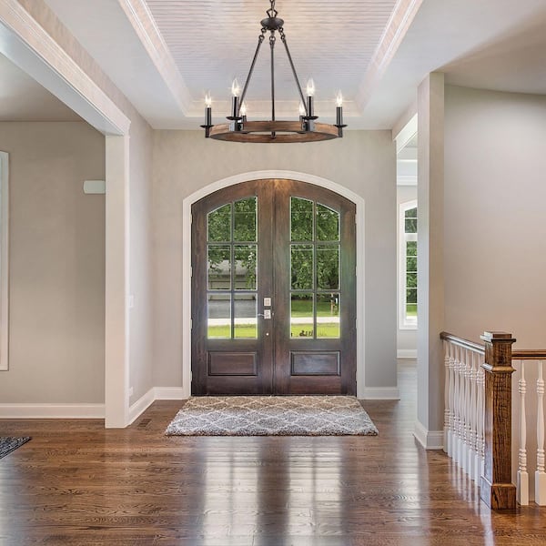 Farmhouse Wagon Wheel Chandelier, 6-Light Distressed Wood Circle Island Light, Rustic Bronze Dining Room Pendant Light