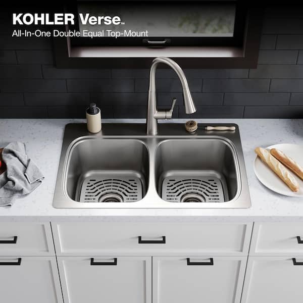 Verse Stainless Steel 33 in. Double Bowl Drop-In Kitchen Sink with Faucet
