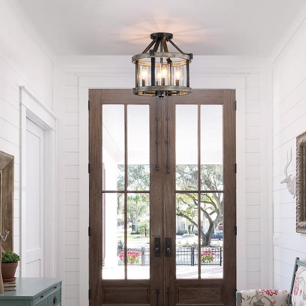 Madison 12.5 in. 4-Light Natural Iron and Distressed Faux Wood Modern Farmhouse Semi-Flush Mount Ceiling Light