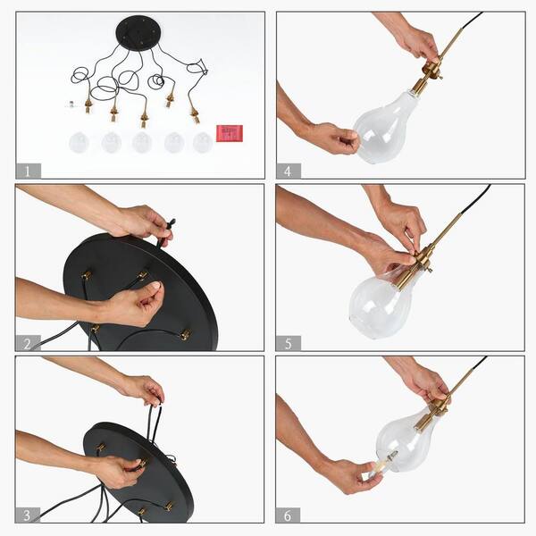 Modern Dining Room Cluster Chandelier 5-Light Black and Brass Teardrop Chandelier with Clear Glass Shades