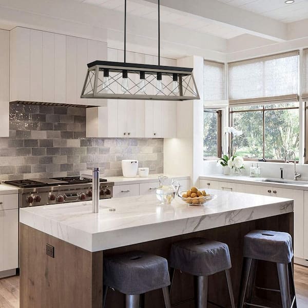 5-Light Matte Black Kitchen Island Linear Pendant Chandelier