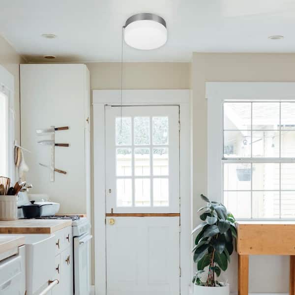 Hanafin 9 in. Light Brushed Nickel Adjustable CCT Integrated LED Flush Mount with Glass Shade and Pull Chain