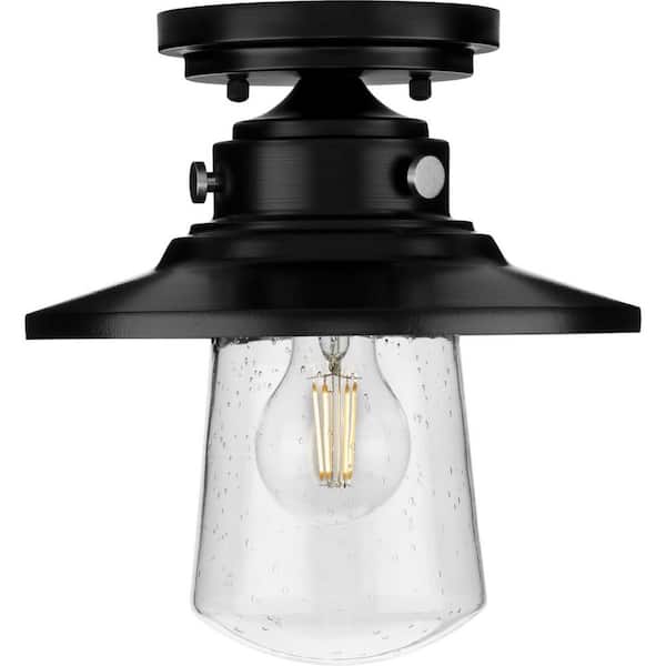 Tremont Collection 1-Light Matte Black Clear Seeded Glass Farmhouse Semi-Flush Mount Ceiling Light