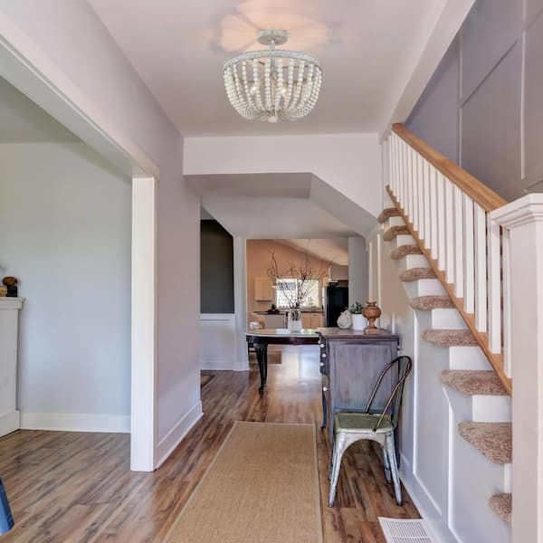 16 in. Modern Farmhouse Antique White Wood Beaded Semi-Flush Mount, 3-Light Bohemian Round Basket Ceiling Lighting