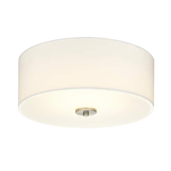Inspire Collection 13 in. Transitional Brushed Nickel LED Bedroom Drum Shade Ceiling Light with White Linen Shade