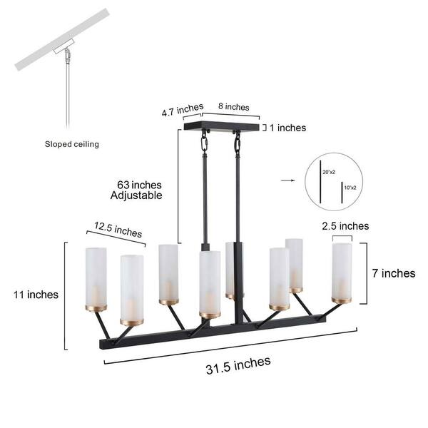 Black Chandelier Modern Industrial Linear 8-Light Kitchen Island Pendant Light with Frosted Glass Shades