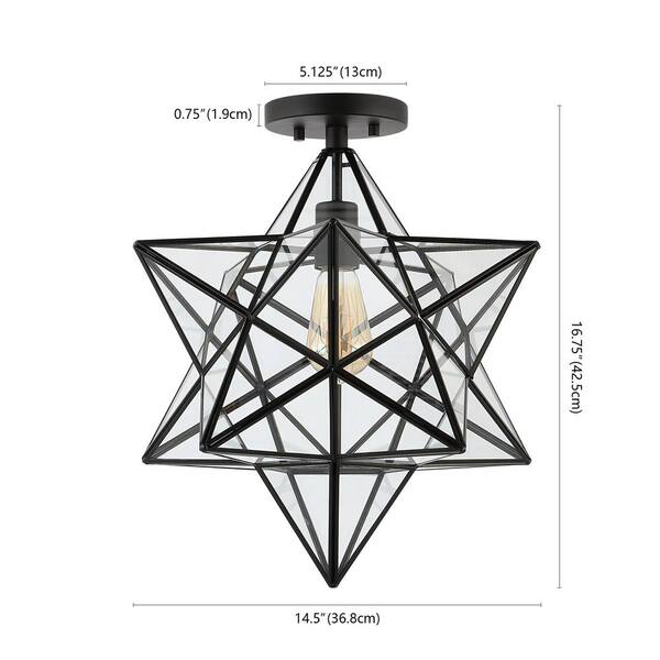 Ava 14.5 in. Black/Clear 1-Light Farmhouse Bohemian Iron/Glass LED Semi Flush Mount