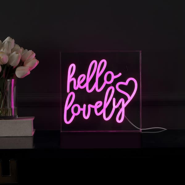 Hello Lovely 10 in. Square Contemporary Glam Acrylic Box USB Operated LED Neon Night Light, Pink