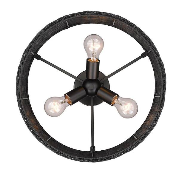 Erma 16.5 in. 3-Light Matte Black Semi-Flush Mount with Black Wicker Shade