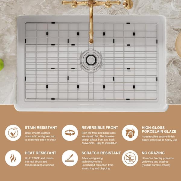 White Fireclay 30 in. x 20 in. Single Bowl Farmhouse Apron Front Kitchen Sink with Bottom Grid and Strainer
