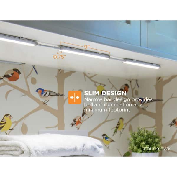 9 in. LED Warm White 2700K, Dimmable, 3-Bar Under Cabinet Lights Kit with Hands-Free On/Off (Tool-Free Plug-in Install)