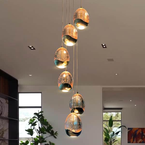 Venezia 9 in. 7-Light ETL Certified Integrated LED Gold Chandelier Height Adjustable Pendant with Champagne Glass Shades