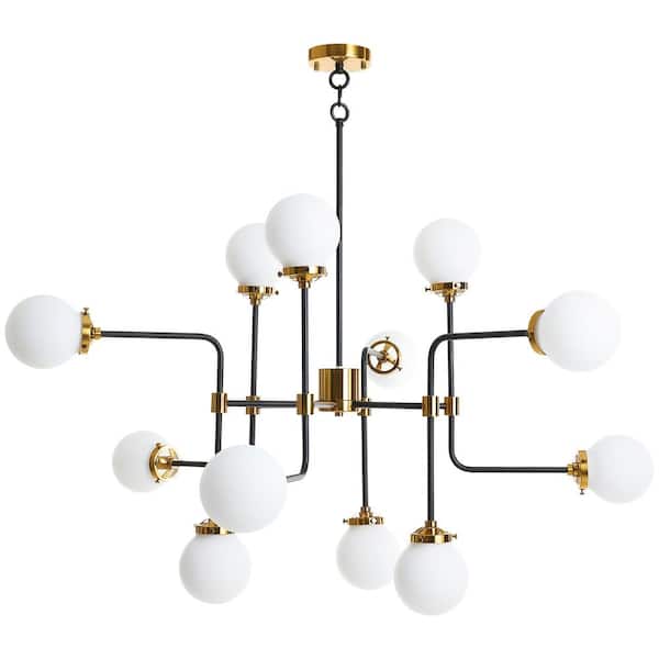 12-Light Black and Gold Modern Sputnik Chandelier with Opaline Shades