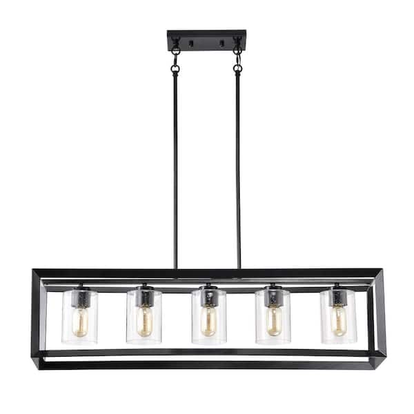 Richard 5-Light Antique Black Rectangular Kitchen Island Chandelier with Seeded Glass Shades