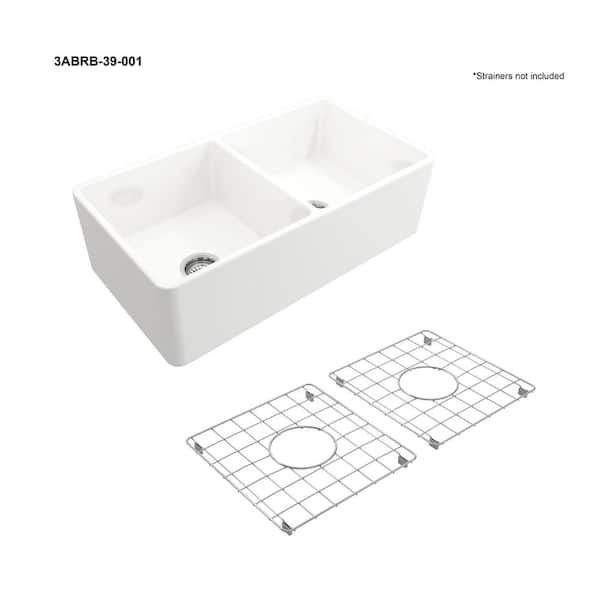 Farmhouse Apron-Front Fireclay 33 in. Double Bowl Kitchen Sink in White with Bottom Grid