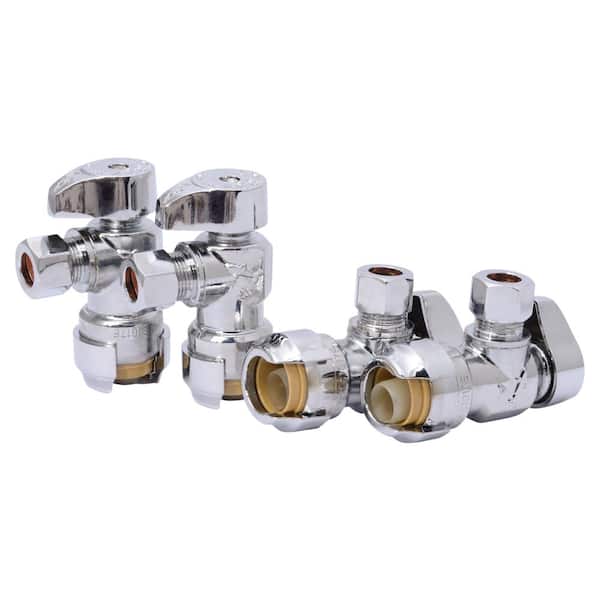 1/2 in. Push-to-Connect x 3/8 in. OD Compression Chrome-Plated Brass Quarter-Turn Angle Stop Valve Pro Pack (4-Pack)