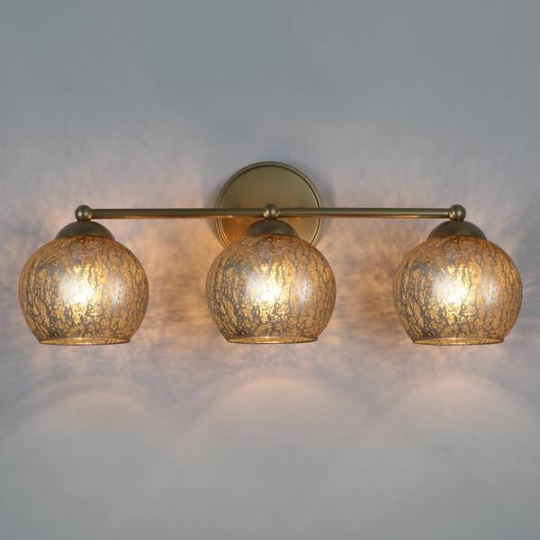 21 in. 3-Light Modern Gold Bathroom Vanity Light, Globe Mercury Glass Bath Lighting, Powder Room Bath Vanity Light