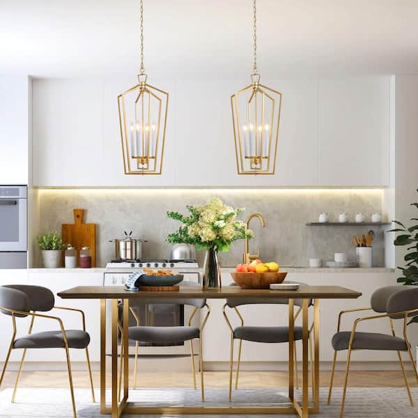 Gold Cage Pendant Light, Modern 4-Light Gold Geometric Dining Room Chandelier with Candle Style