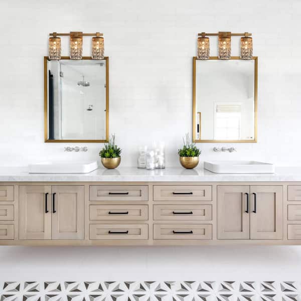 Modern Powder Room Bathroom Vanity Light, 20 in. 3-Light Gold Wall Sconce with Crystal Cylinder Shade