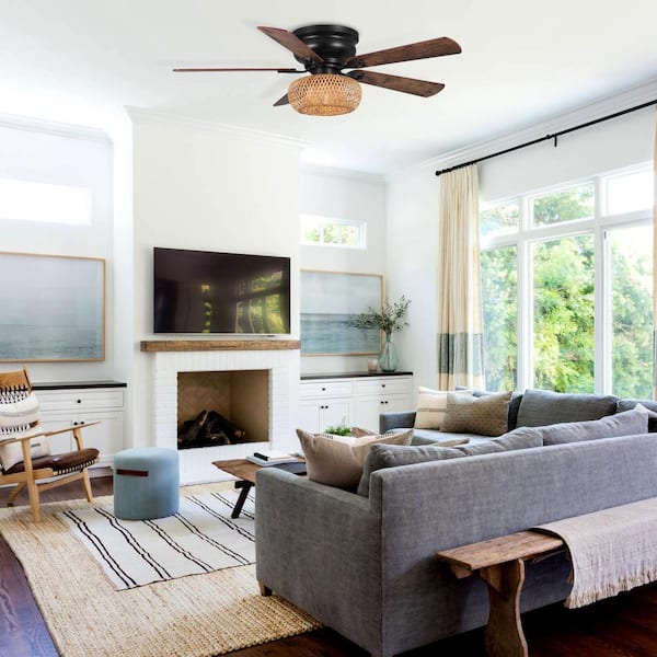 48 in. Farmhouse Bamboo Flush Mount Matte Black Ceiling Fan with Remote Control and Light Kit