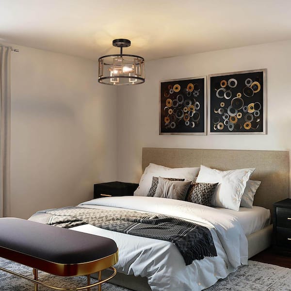 Modern Semi Flush Mount Lighting, 2-Light Antique Brushed Black and Brass Gold Kitchen Semi-Flush Mount Ceiling Light