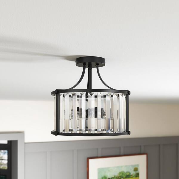 Modern 12.6 in. 3-Light Crystal Semi-Flush Mount Matte Black Close to Ceiling Light Fixtures